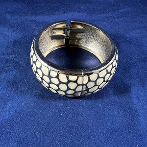 Yellow Enamel Cuff Bangle Bracelet With Gold-Tone Metal Accents & Textured Inter